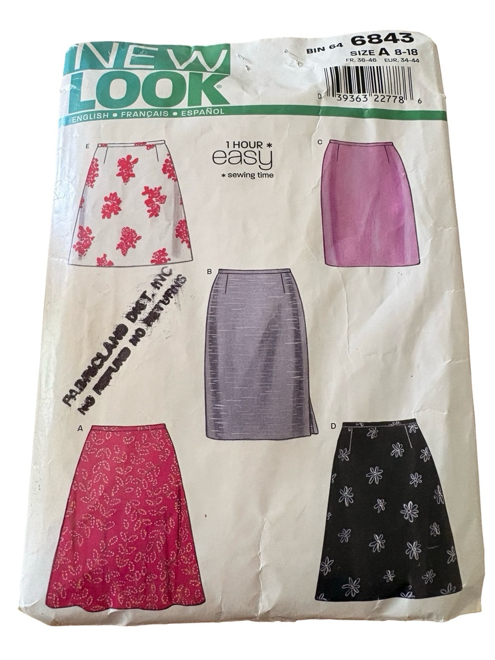 New Look 6843 Sewing Pattern Misses Skirts Size 8–18 Easy 1 hour 8-18 size uncut